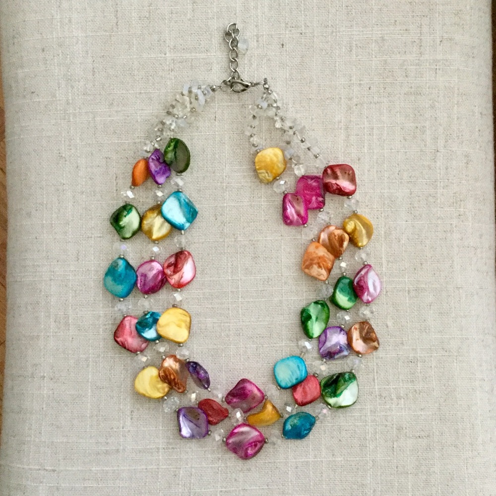 Gorgeous 3 strand, multi-colored stone necklace.